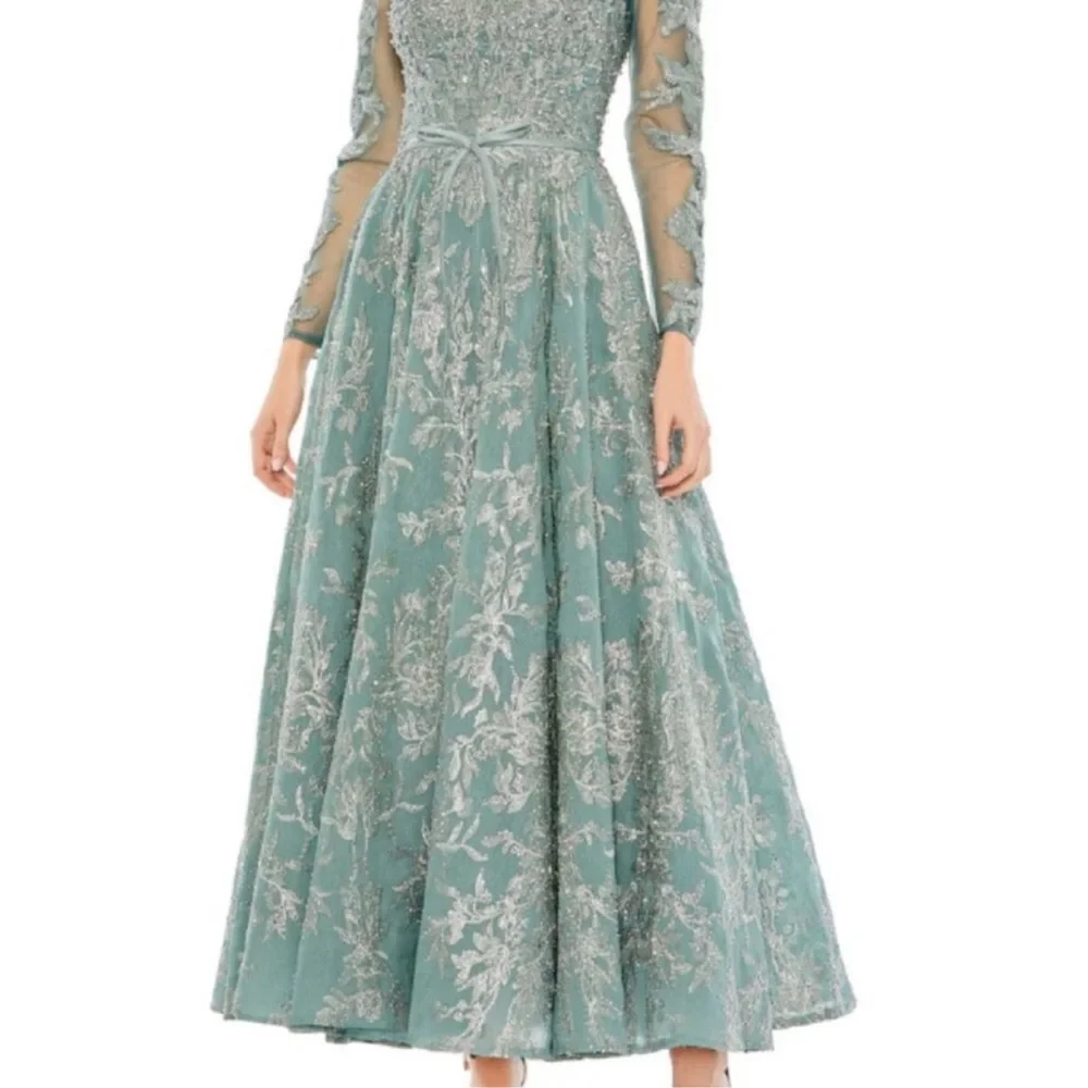 Mac Duggal Embellished Bow Belt illusion long sleeves A Line dress - Picture 6 of 13